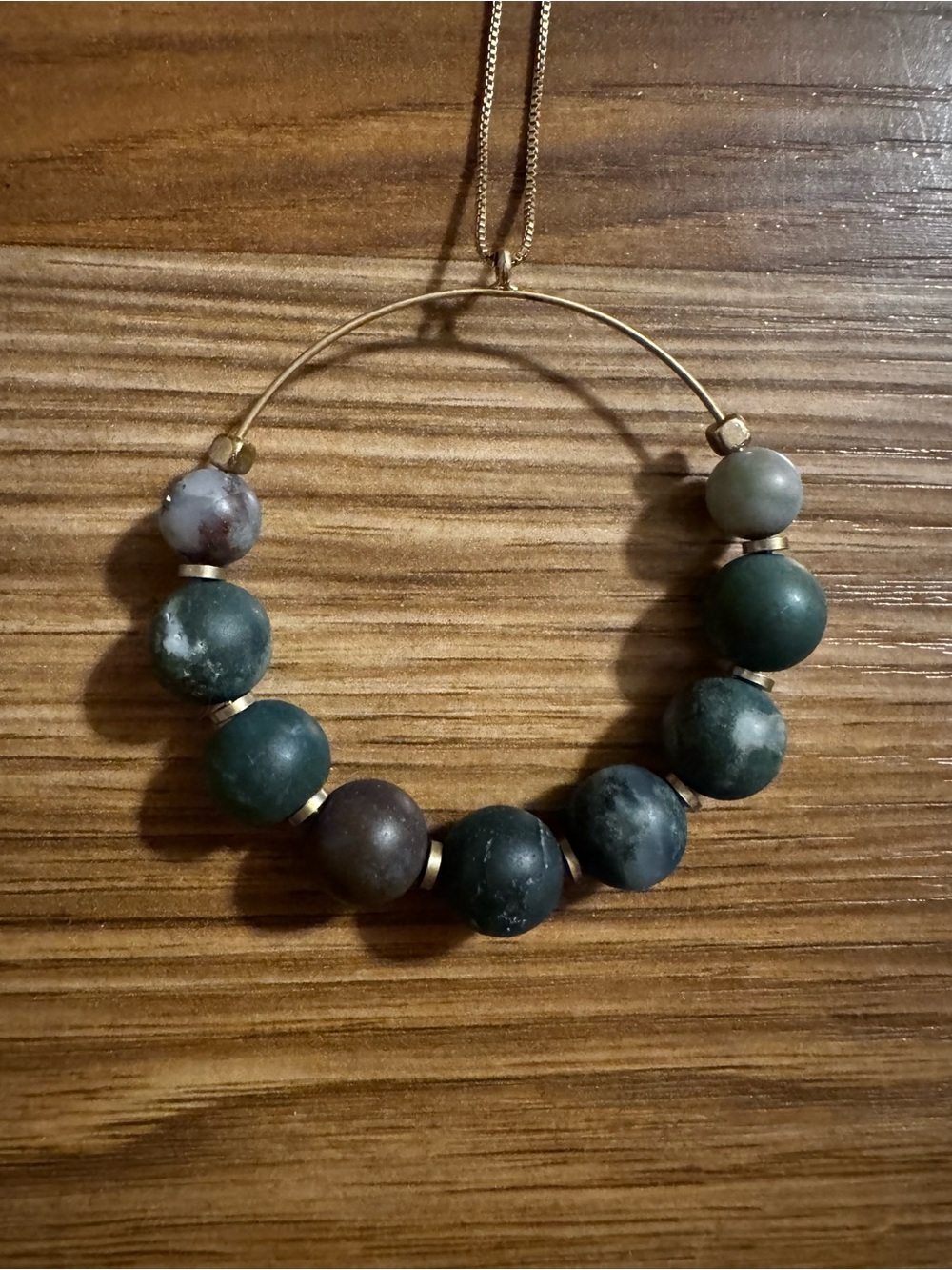 Gold Hoop Necklace with Dark Green Jasper Beads